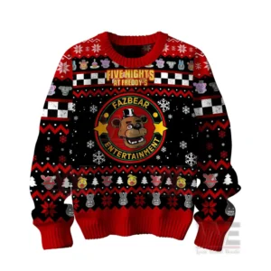 Front view of a red and black christmas sweater with winter patterns and horror game themed artwork!