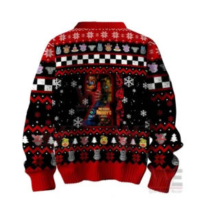 Back view of a red black christmas sweater with winter patterns and horror game illustration!