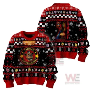 Front and back view of a red and black christmas sweater with winter patterns and horror game theme!