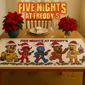 Five Nights At Freddy's Quilted Christmas Table Runner 3 Festive table runner with holiday characters and themed title in a warm dining room setting!