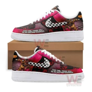 Five Nights at Freddy's This Time There Will Be No Second Chances Air Force 1 Sneakers 5 Side view of horror game inspired sneakers with red graphics and bold text displayed on a box!