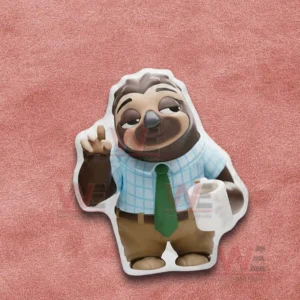 Sloth pillow with coffee mug and office style outfit shown on a pink fabric background!