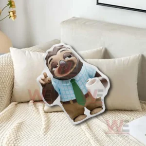 Sloth character pillow with coffee mug resting on a beige sofa with soft pillows in a calm home setting!