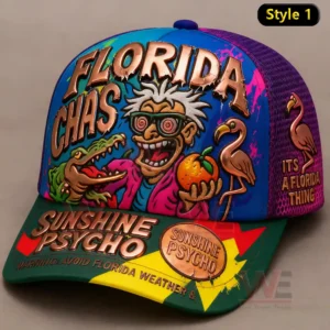 A colorful cap with a cartoon character an alligator flamingos and bold Florida themed graphics!