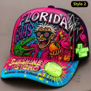 A neon pink cap with a cartoon character an alligator flamingos and bright bold lettering!