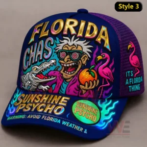 A blue and purple cap featuring a cartoon character an alligator flamingos and bold Florida themed graphics!
