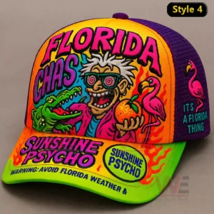 An orange and green cap with a cartoon character an alligator flamingos and bold expressive graphics!