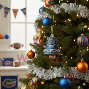 A Florida Gators anniversary bell ornament hangs prominently on a Christmas tree decorated with team colored ornaments silver garland and warm festive lights!