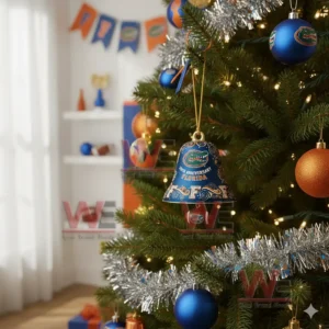 A Florida Gators anniversary bell ornament hangs on a fully decorated Christmas tree featuring blue orange and gold ornaments silver tinsel and glowing holiday lights!