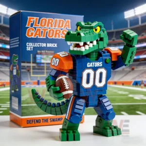 Florida Gators alligator mascot building block figure with football uniform collector box and stadium background designed for fans and collectors!