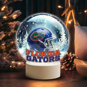 A snow globe with a blue team helmet sits near pine branches pinecones and warm festive lights!