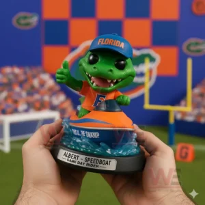 Hands holding a Florida alligator mascot figure riding a speedboat inside a football stadium setting!