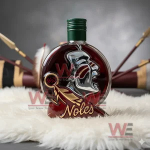 A round Seminoles logo bottle with a green cap placed on a white rug with arrows and themed decorations in the background!