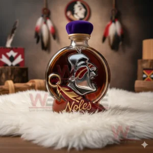 Florida State Seminoles Logo Whiskey Bottle 7 A Seminoles themed round bottle with a purple cap displayed on a fluffy rug in a room decorated with feathers and native patterns!