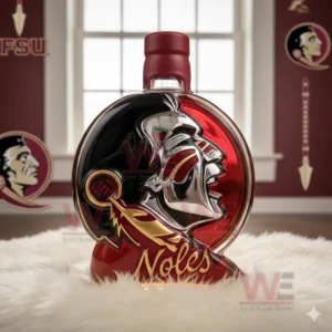 Florida State Seminoles Logo Whiskey Bottle 8 A round Seminoles logo bottle with a red cap placed on a white rug in an FSU decorated room!