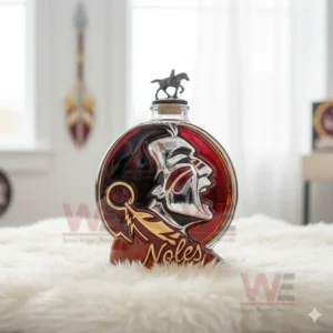 Florida State Seminoles Logo Whiskey Bottle 9 A Seminoles logo shaped bottle with a horse rider topper displayed on a white rug in a bright themed room!