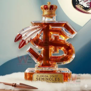 A stylized F S bottle resting on a soft surface with warm lighting highlighting its feather accents!