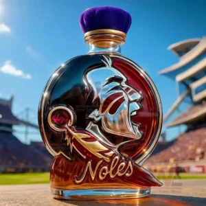 Decorative whiskey bottle with sculpted face design purple cap amber liquid and football stadium background under clear blue sky!