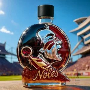 Florida State Seminoles Crown Royal Whiskey Bottle 4 Artistic whiskey bottle with face profile glass design black cap amber tones and stadium backdrop in daylight!