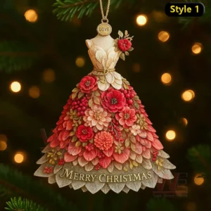 A red and gold floral Christmas dress ornament with layered petals flowers and decorative text!