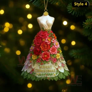 A multicolored floral Christmas dress ornament with layered petals bold flowers green leaves and holiday text!