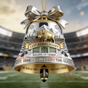 A Colorado themed anniversary bell ornament shown hanging above a stadium field!