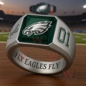 Football Team Crystal Spirit Ring 10 Kansas City Chiefs silver ring with red crystal logo displayed in a stadium environment!