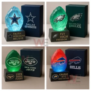 Glowing crystal stones with NFL team logos and matching boxes arranged in a four item display.