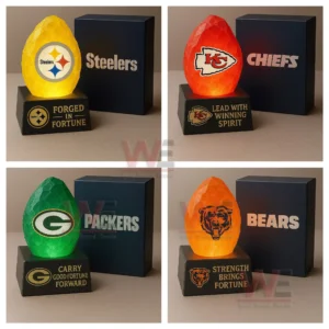 NFL themed glowing crystal stones for Steelers Chiefs Packers and Bears beside team boxes.