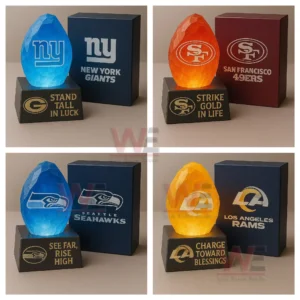 Glowing NFL crystal stones for Giants 49ers Seahawks and Rams with matching boxes.