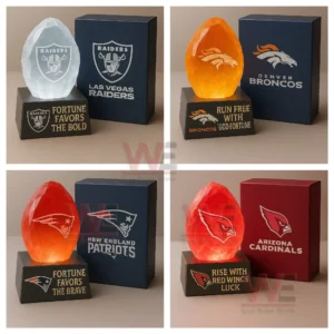 NFL crystal stones for Raiders Broncos Patriots and Cardinals with glowing colors and boxes.