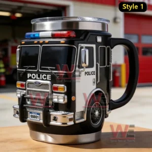Police truck shaped travel mug with clear lid and handle sitting on a table in front of a fire station!