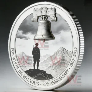 Silver commemorative coin showing a soldier standing under a bell with mountains in the background!