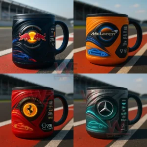 Orange racing mug with futuristic design glowing blue accents and motorsport energy displayed on a race circuit background!