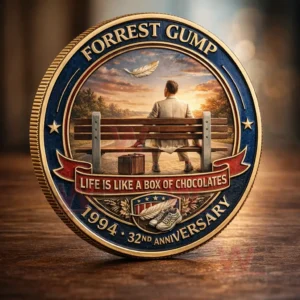 Commemorative coin with Forrest Gump title showing a man on a bench at sunset with a floating feather and the phrase life is like a box of chocolates!