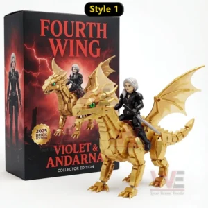 Golden brick dragon with wide wings sharp claws and a mounted silver haired warrior posed beside a dark fantasy collector box.