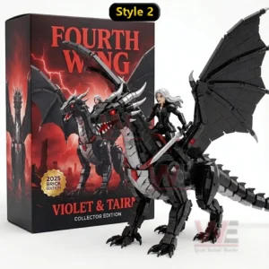 FOURTH WING Collector Brick Edition 3 Black brick dragon with extended wings red eyes and a silver haired warrior rider displayed beside a fantasy collector box.