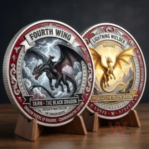 Pair of fantasy dragon commemorative coins on wooden stands with detailed artwork and metallic finish!