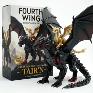 Brick fantasy dragons with black and gold colors posed together in front of a themed collector box!