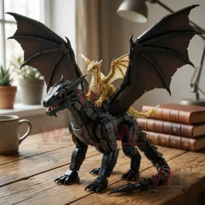 Brick dragon figure with extended wings displayed on a wooden table in a softly lit room!
