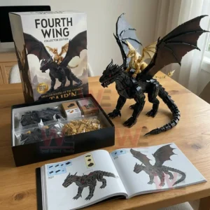 Brick dragon model displayed with its box loose pieces and an open instruction manual on a table!