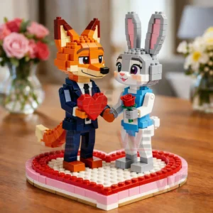 Building block fox in a suit holding a red heart and building block bunny holding a rose standing together on a heart shaped base indoors!