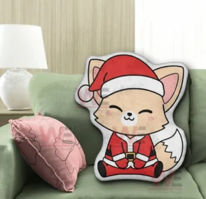 FoxI.Ny Stray Kids Custom Shaped Pillow 6 Cartoon fox shaped pillow in a red holiday outfit on a green sofa!