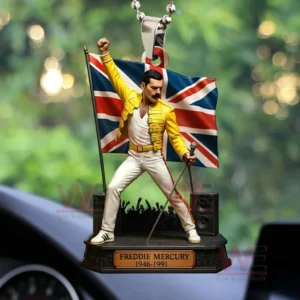 Freddie Mercury 80 Years of a Legend 3D Car Ornament 4 Close up of a Freddie Mercury rearview mirror ornament with a yellow jacket figure holding a microphone stand and standing in front of a Union Jack flag.