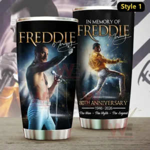 Two black tumblers with Freddie Mercury tribute artwork and 80th anniversary 1946 2026 text displayed on a tabletop!