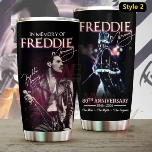 Two black tumblers featuring Freddie Mercury tribute images including a microphone portrait and a crown and cape stage pose with anniversary text!