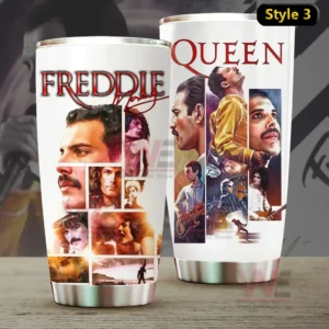 Two white tumblers featuring Freddie Mercury and Queen collage artwork with multiple portraits and performance scenes on a tabletop!
