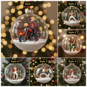 The image displays several transparent ornaments each featuring a performer set in a snowy Christmas themed scene with trees and gifts.