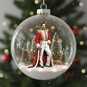 Freddie Mercury Christmas Ornament 10 The image displays a transparent ornament holding a festive scene with a performer in red and white surrounded by Christmas trees and gifts.