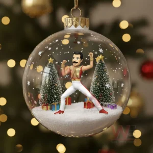 Freddie Mercury Christmas Ornament 11 The image displays a transparent ornament containing a festive scene with a performer posing in front of Christmas trees and wrapped gifts.